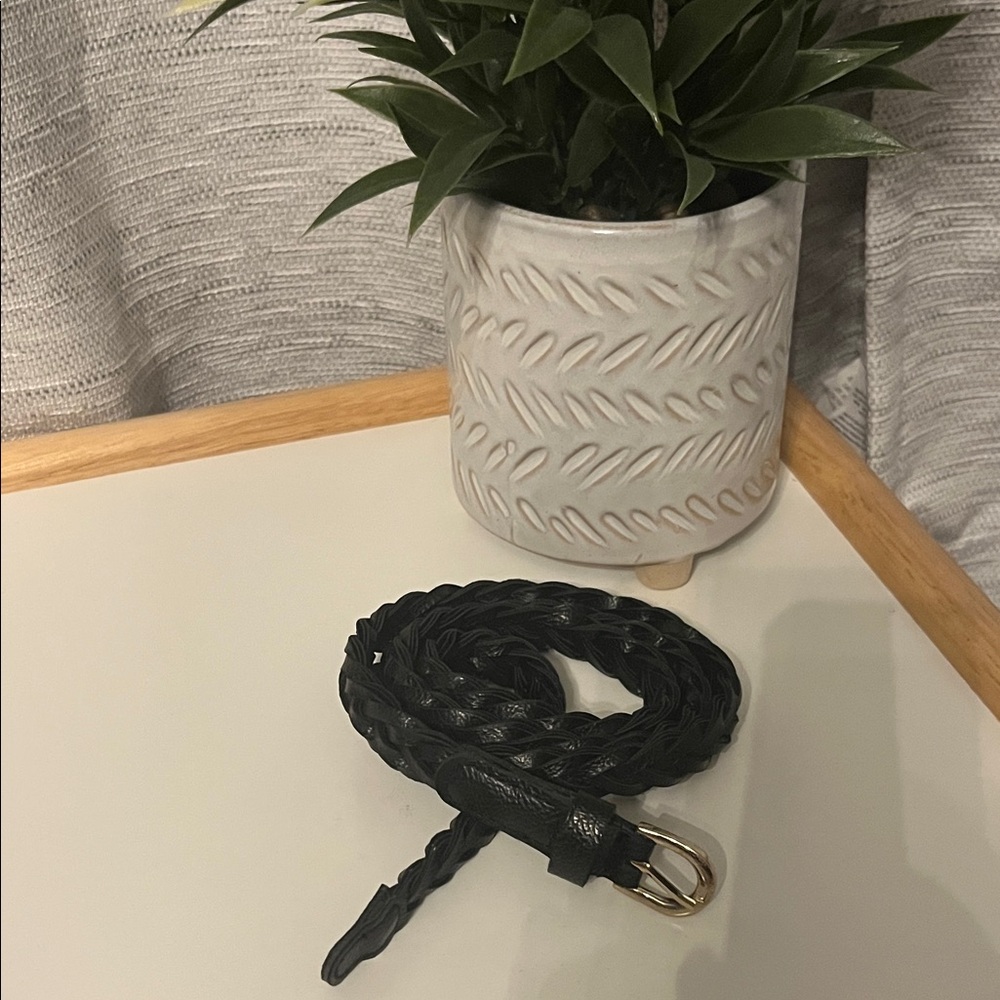 Black Leather Braided Belt with Gold Buckle
